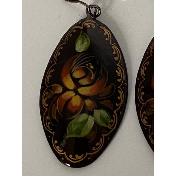 Hand-Painted Russian Floral Brooch & Earrings Set With Rich Glossy Finish - Picture 9 of 12